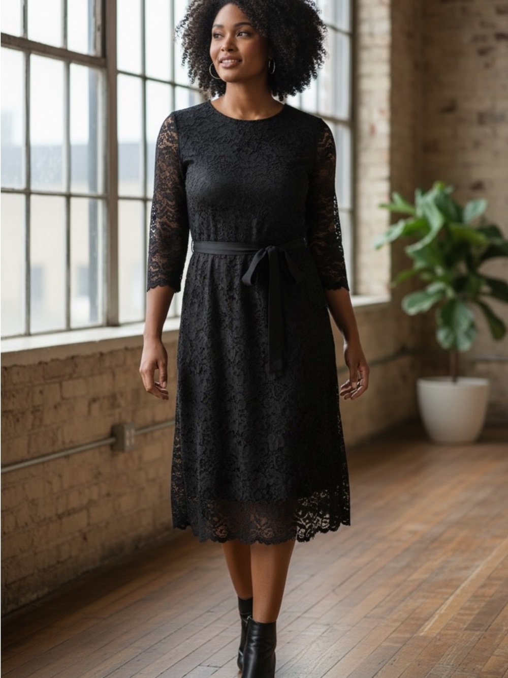 Elegant Black Lace Midi Dress with Tie Waist